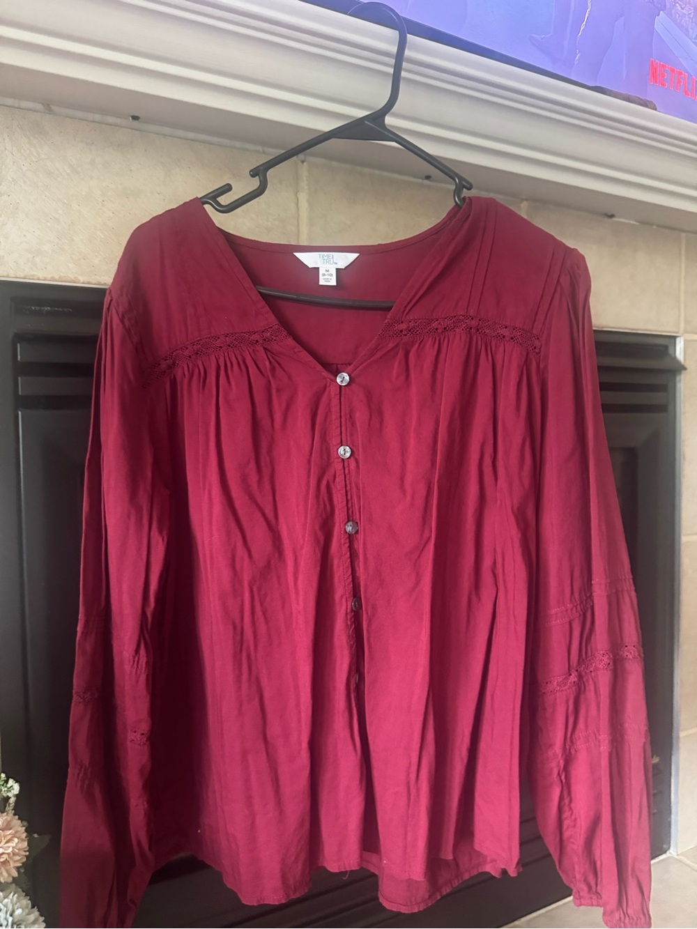 Time and Tru Burgundy Button-Up Peasant Blouse